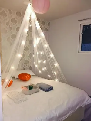 a bed with a canopy with lights on it at IInfinity Kodaikanal in Kūkkāl