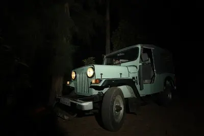 a green truck parked on the street at night at Nila Paithal in Paithalmala