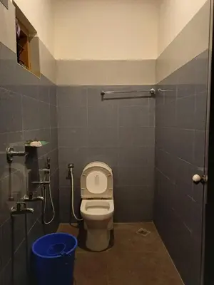 a small bathroom with a toilet and a shower at The Serene Cottage in Viripara
