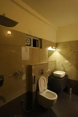 a bathroom with a toilet and a sink at M!steria Inn in Wayanad