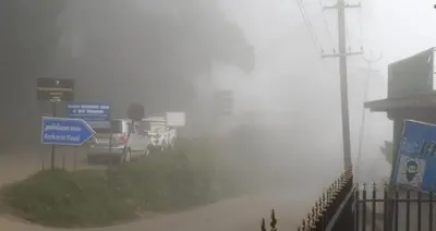 a foggy street with cars parked in the rain at Forest Gate villa in Ooty