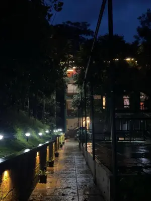 a city street at night with lights on the sidewalk at Lush Hills by Benchmark in Kalpetta