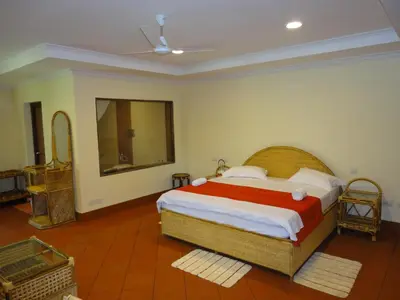a bedroom with a large bed and a mirror at Great Hornbill Serviced Villa , Nilambur in Kālikāvu