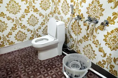 a bathroom with a toilet and gold wallpaper at Kodaikanal Luxuries Glamp - Krishna Paradize in Kūkkāl
