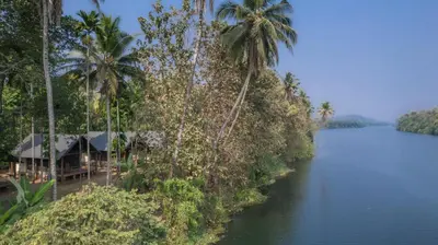 a house on the side of a river with palm trees at Amritara Riverside Camp in Thattakād