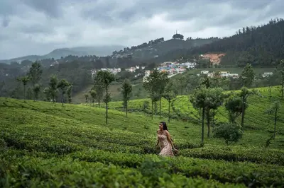 a woman walking through a field of tea plantations at LohonoStays Villa Lansdowne in Coonoor