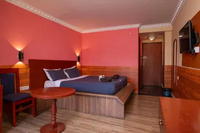 a bedroom with a bed with a red wall at Devi Enterprises - Hotel Khems in Ooty