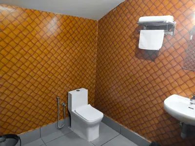 a bathroom with a toilet and a sink at Bamboo Suite at Merlys Fruit Garden in Kotamangalam
