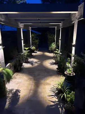 a patio with a bunch of potted plants on it at Wilderness Jungle Camp in Malavalli