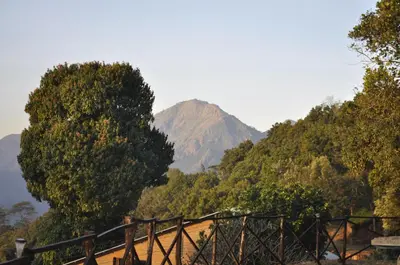a mountain in the distance with a wooden bridge at O'Land Wilderness Lodge in Kolakambe