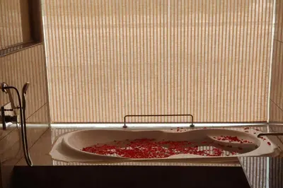 a bath tub filled with red debris in a bathroom at Vilasini Inn in Maddūr