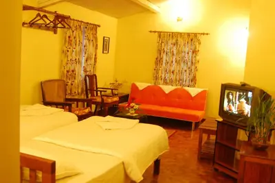 a hotel room with two beds and a television at Bella Vista Homestay in Coonoor