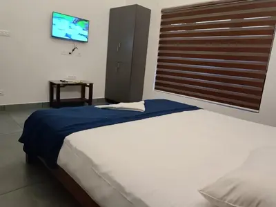 a bedroom with a large bed and a television at Aditi HOMESTAY in Kalpetta