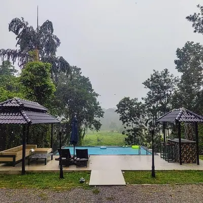 a pool with chairs and umbrellas in a yard at Villa Forever Coorg in Madikeri