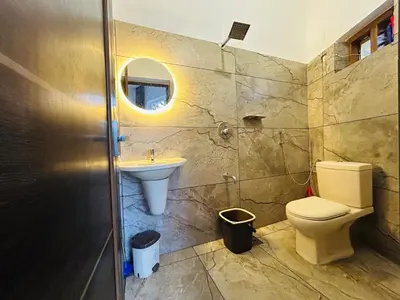 a bathroom with a toilet and a sink and a mirror at Brooke hills 2 BHK villa falls view in Vallikavungal