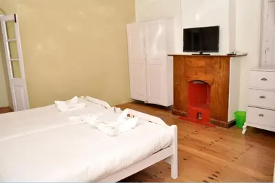 a bedroom with a bed with a fireplace and a television at Wyoming Heritage in Ooty