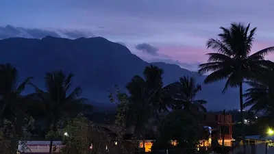 a view of mountains and palm trees at night at Alappat Lodge Masinagudi in Masinagudi