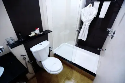 a bathroom with a white toilet and a shower at Hotel Afrad International in Kondotti