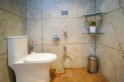 a bathroom with a toilet and a shower at Hotel Yathin in Mysore