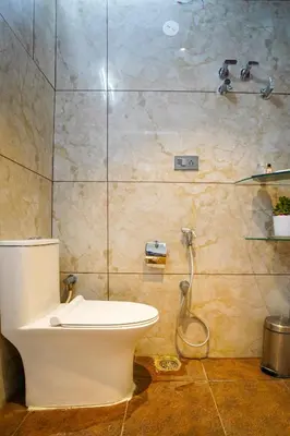 a bathroom with a toilet and a shower at Hotel Yathin in Mysore