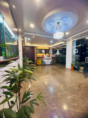 a lobby with a potted plant and a chandelier at Hydel Palace Athirappilly by Bestinn Leisure in Athirappilly