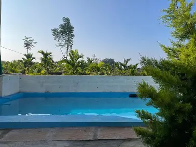 a blue swimming pool next to a concrete wall at Lilly Farm in Halgūr