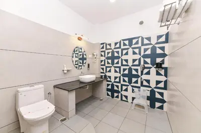 a bathroom with a white toilet and a sink at Hotel Shine International in Mysore
