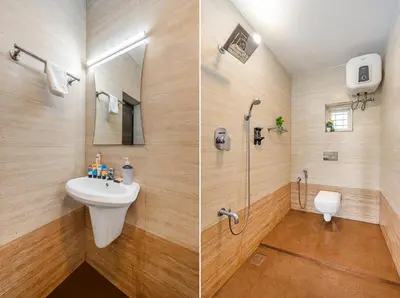 two pictures of a bathroom with a sink and a shower at Exuberance Villa in Batheri