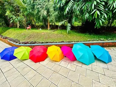 a row of colorful umbrellas sitting on a sidewalk at Exuberance Villa in Batheri