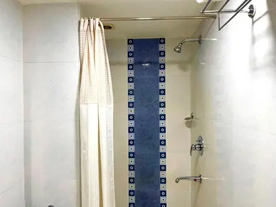 a shower in a bathroom with a shower curtain at Hyson heritage calicut in Kozhikode
