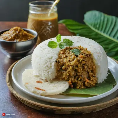 a plate of food with rice on a table at Hunters Hideout Resort in Wayanad