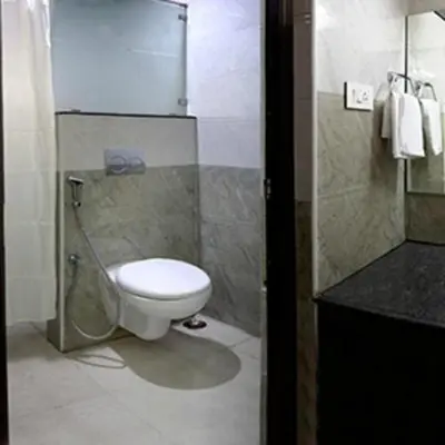 a bathroom with a white toilet and a shower at Ananyas Nest in Coimbatore