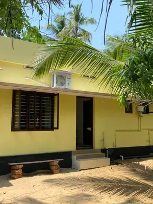 a yellow house with a window and a palm tree at Gaya beach hacienda in Irimbranallūr