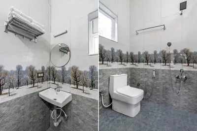 two pictures of a bathroom with a toilet and a sink at StayVista at The Woodscapes with Lawn & Views in Ooty