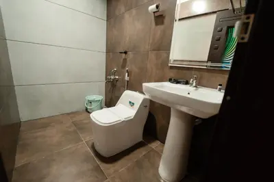 a bathroom with a toilet and a sink and a mirror at Wayanad Vista Palm View Homes in Padinjarathara