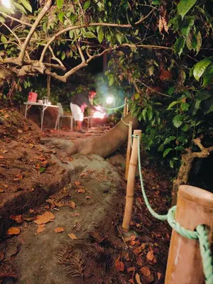 a hose hooked up to a pipe in a forest at Cicadas Nature Resort - A Frame cottages in Wayanad