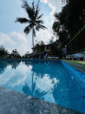 a swimming pool with a palm tree in the background at Wild mist in Padinjarathara