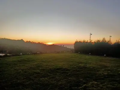 a sunset in a field with the sun setting at Longwood Resorts in Kotagiri