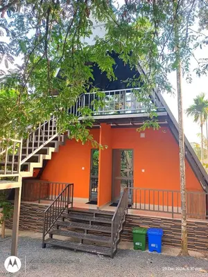 an orange house with a staircase on it at Goldenpeak Estate-Homestay-3Bed-A frame Holiday Home in Wayanad