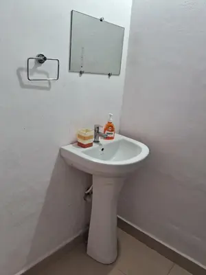 a bathroom with a white sink and a mirror at Shree Cottage in Madikeri