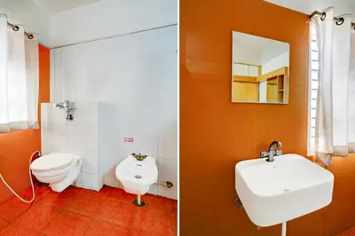 two pictures of a bathroom with a toilet and a sink at Super Collection O Rajkumar Road Formerly Stone Villa in Narasimharaja Puram