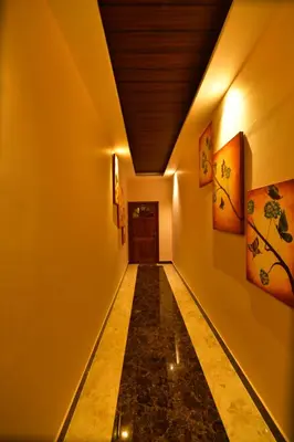 a hallway with paintings on the walls and a door at Garuda Luxury Bungalow in Trichūr