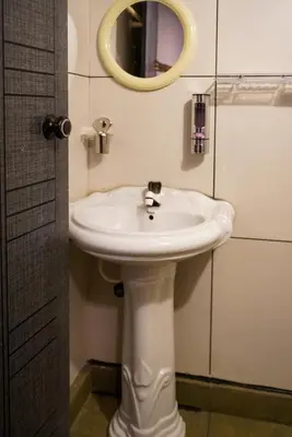 a bathroom with a white sink and a mirror at Misty Hills Cabin in Wayanad