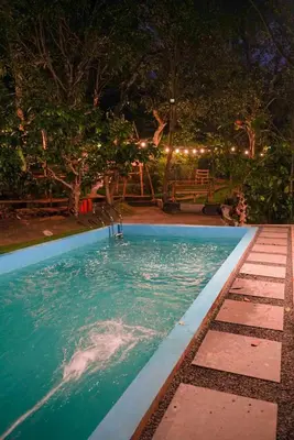 a swimming pool in a yard at night at Misty Hills Cabin in Wayanad