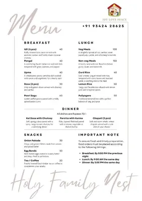 a picture of a menu for a family restaurant at Holy Family Nest in Mysore