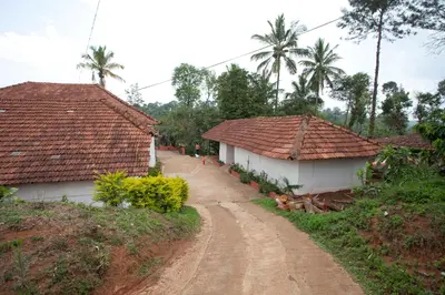 a dirt road next to two houses with palm trees at The Blue Mountains Estate Stay in Madikeri