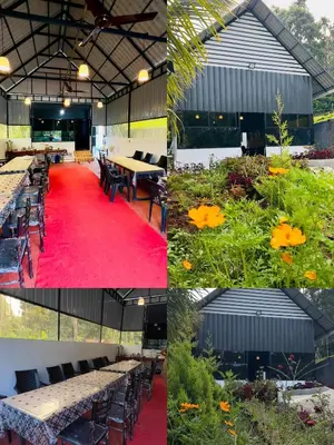 a collage of photos of a restaurant with tables and flowers at LilliputHaven Treehut in Sultan Bathery