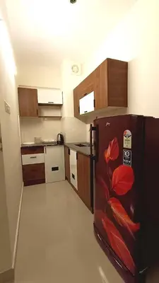 a kitchen with a refrigerator with a flower painted on it at Platinum Apartments in Chewarra