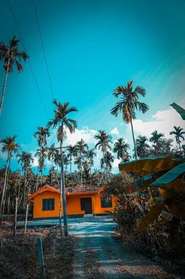 an orange house with palm trees in front of it at Palm Resort in Gūdalūr
