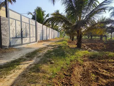 a wall with palm trees next to a dirt road at Bhuvi farm & homestay in Channapatna